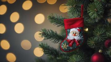 Festive Christmas Tree with Santa Stocking and Bokeh Lights Holiday Scene photo
