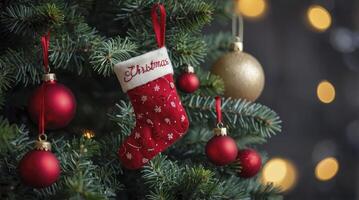 Christmas Tree Decorating with Red Ornaments and Holiday Stocking Close Up photo