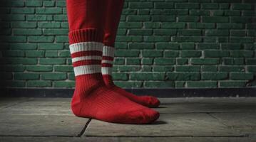 Wearing Red Striped Socks Against a Textured Brick Wall Indoors photo