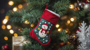 Christmas Stocking with Snowman Hanging on Tree with Holiday Decorations photo
