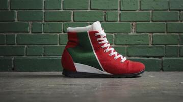 Stylish Red and Green High Top Shoe Against a Brick Wall photo