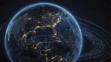 Planet Earth Orbiting with Glowing City Lights and Network Connectivity photo