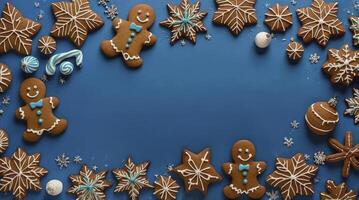 Festive Gingerbread Cookies and Christmas Ornaments on Blue Background photo
