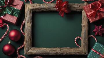 Christmas Frame with Presents Candy Canes and Ornaments on Green Background photo