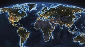 World Map From Space at Night Showing City Lights Glowing photo