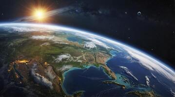 Earth From Space at Sunrise Showing North America and the Galaxy photo