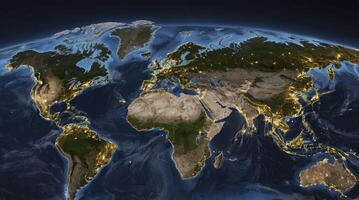 World Map Illustration with City Lights From Space at Night photo