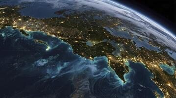 Earth From Space at Night Revealing City Lights and Coastal Patterns photo