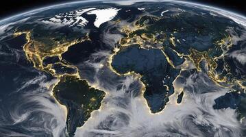 Earth at Night Satellite View Showing City Lights and Cloud Formations photo
