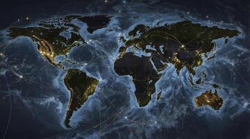 Global Network Connecting Cities on World Map with Digital Communication Lines photo