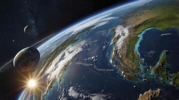 Planet Earth View From Space with Ringed Planet and Sunrise photo