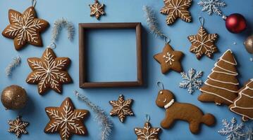 Festive Gingerbread Cookies and Ornaments with Frame on Light Blue Background photo