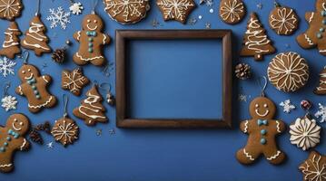 Gingerbread Cookies Christmas Frame Background on Blue with Space for Text photo