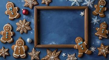 Gingerbread Cookies with Frame on Blue Background for Christmas Message photo