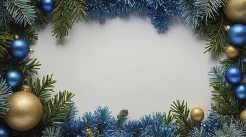 Christmas Frame with Blue and Gold Ornaments on Fir Branches photo
