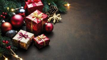 Festive Christmas Gifts and Decorations on Dark Background with Warm Lights photo