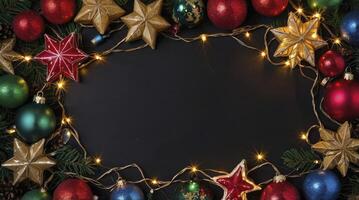 Christmas Ornaments and Lights Frame on Dark Background for Festive Message photo