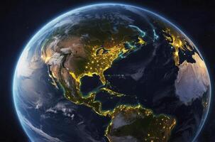 Earth at Night Showing City Lights and Digital Network Connectivity photo