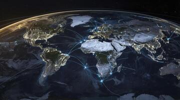 Global Network Connecting Continents Seen From Space with City Lights photo