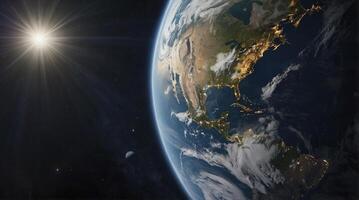 Earth View From Space Featuring North America and Shining Sun photo