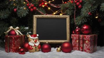 Christmas Scene with Empty Frame Present and Ornament Decorations for Mockup photo