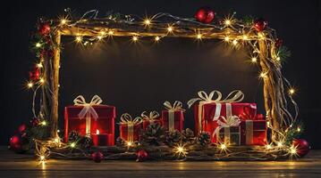 Christmas Presents Displayed in Illuminated Frame with Red Ornaments and Pinecones photo