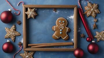 Gingerbread Man in Wooden Frame Festive Christmas Baking Holiday Concept photo