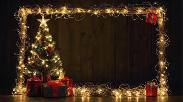Christmas Tree and Presents Framed by Twinkling Lights for Festive Greetings photo