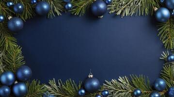 Festive Blue Christmas Ornaments and Green Fir Branch Holiday Frame photo