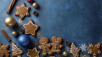 Gingerbread Cookies and Festive Decorations on Blue Background for Christmas photo