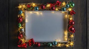 Festive Holiday Frame Decorated with Lights, Ornaments and Christmas Decor photo