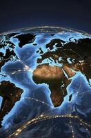 Global Network Connection Around the Earth Visualization with Lights and Data photo