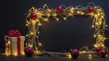Christmas Frame with Lights and Ornaments Featuring Gift on Wooden Table photo
