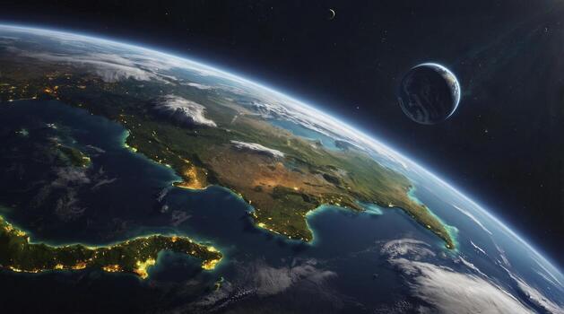 Earth From Space View with City Lights and Another Planet photo