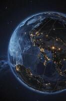 Earth From Space at Night Showing City Lights and Digital Network photo