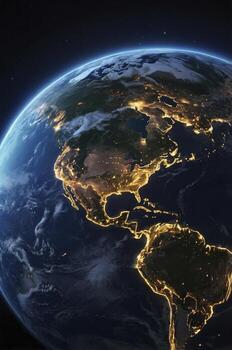 Earth From Space Showing City Lights and Cloud Formations Over Continents photo