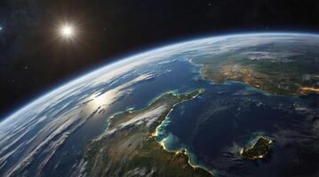 Earth View From Space Showing North America and the Sun photo
