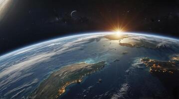 Sunrise Over Planet Earth Orbiting in Space Revealing City Lights photo