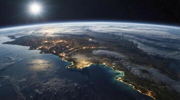 Earth View From Space Showing City Lights and Cloud Formations photo