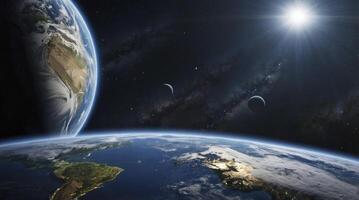 Earth View From Space with Sun Stars and Moon Illustration photo