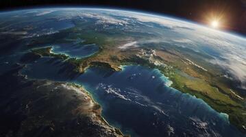 Earth View From Space at Sunrise Displaying Coastlines and Atmospheric Perspective photo