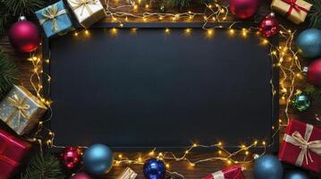 Christmas Board with Gifts and Lights Ideal for Festive Greetings photo