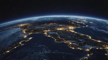 Earth View at Night Showing City Lights From Space Perspective photo