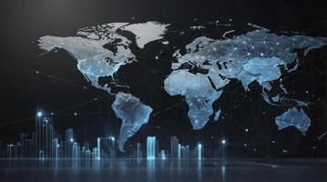Global Network Connecting World Map with City Skyline for Modern Communication photo