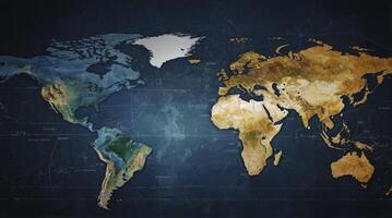 World Map Depicting Continents with Varied Terrains on Dark Blue Background photo