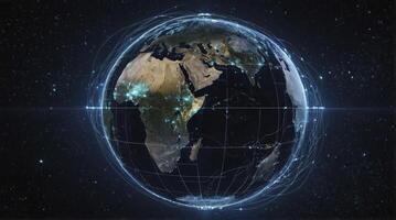 Earth Globe with Digital Network Lines Connecting Continents in Space photo
