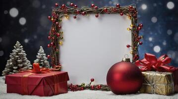 Holiday Frame with Christmas Ornament and Gifts on Faux Snow Background photo