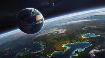 Earth From Space with Vibrant Continents, Ocean, Moon, and Stars photo