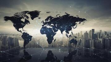 Global Network Map Overlaying Cityscape Shows Interconnectedness and Worldwide Connections photo