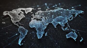 World Map Connecting Network with Glowing Lines for Global Communication photo